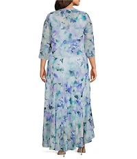 R & M Richards Plus Size Printed Lurex Chiffon Bolero High Low Ruffle Hem Jacket Dress