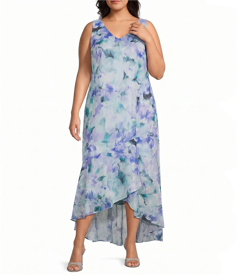 R & M Richards Plus Size Printed Lurex Chiffon Bolero High Low Ruffle Hem Jacket Dress