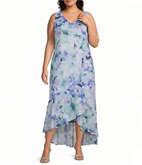 R & M Richards Plus Size Printed Lurex Chiffon Bolero High Low Ruffle Hem Jacket Dress