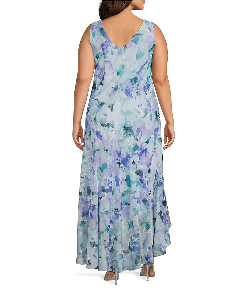 R & M Richards Plus Size Printed Lurex Chiffon Bolero High Low Ruffle Hem Jacket Dress