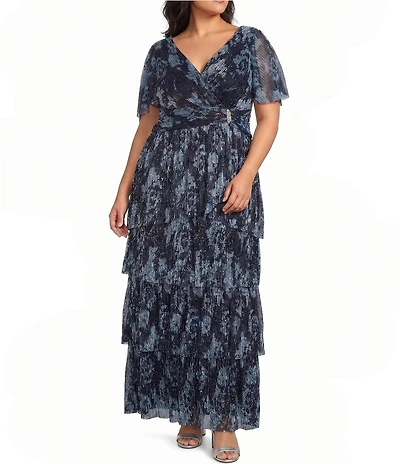 R & M Richards Plus Size Printed Metallic Flutter Sleeve Ruched Tiered Waist Long Dress