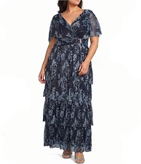 R & M Richards Plus Size Printed Metallic Flutter Sleeve Ruched Tiered Waist Long Dress