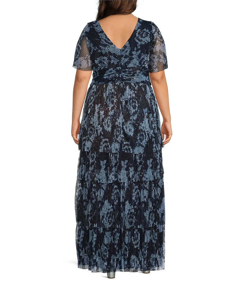 R & M Richards Plus Size Printed Metallic Flutter Sleeve Ruched Tiered Waist Long Dress