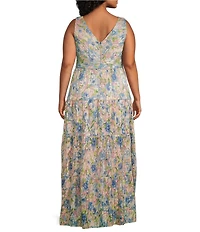 R & M Richards Plus Size Printed V-Neck Sleeveless Metallic Crinkle Rhinestone Waist Dress