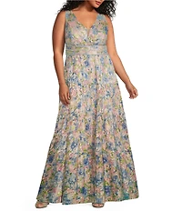 R & M Richards Plus Size Printed V-Neck Sleeveless Metallic Crinkle Rhinestone Waist Dress