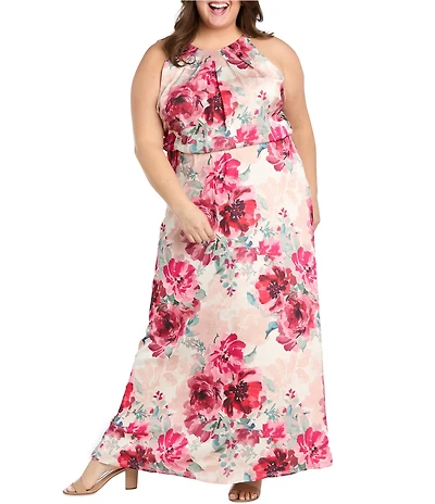 R & M Richards Plus Size Satin Chiffon Floral Print Halter Neck Blouson Dress