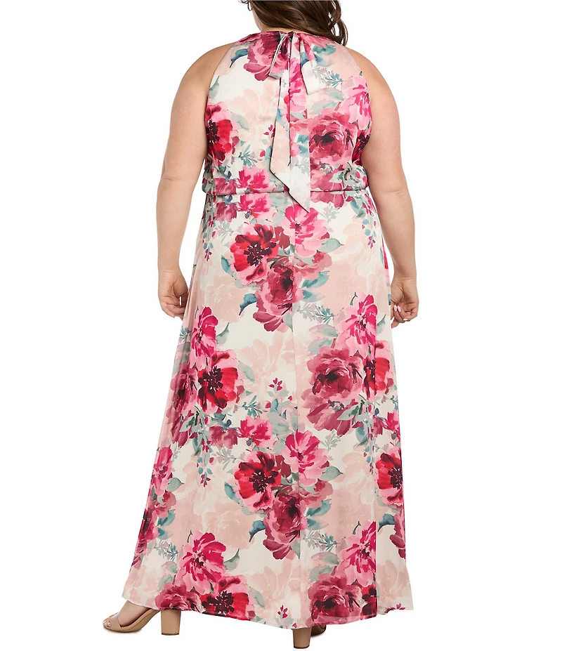 R & M Richards Plus Size Satin Chiffon Floral Print Halter Neck Blouson Dress