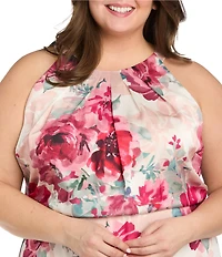 R & M Richards Plus Size Satin Chiffon Floral Print Halter Neck Blouson Dress