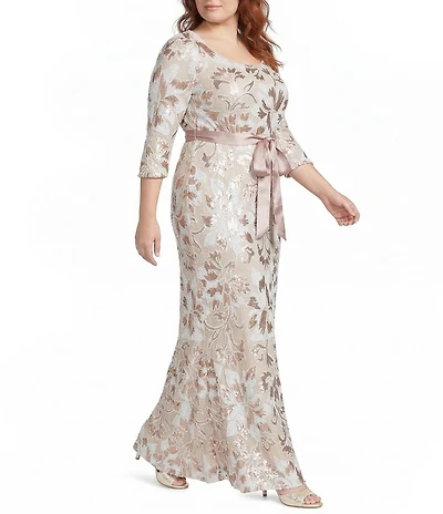 R & M Richards Plus Size Sequin Embroidered Satin Ribbon Belt Long Gown