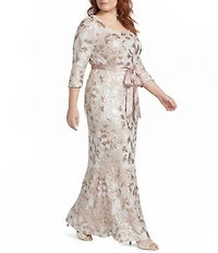 R & M Richards Plus Size Sequin Embroidered Satin Ribbon Belt Long Gown
