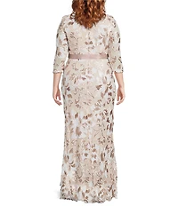 R & M Richards Plus Size Sequin Embroidered Satin Ribbon Belt Long Gown