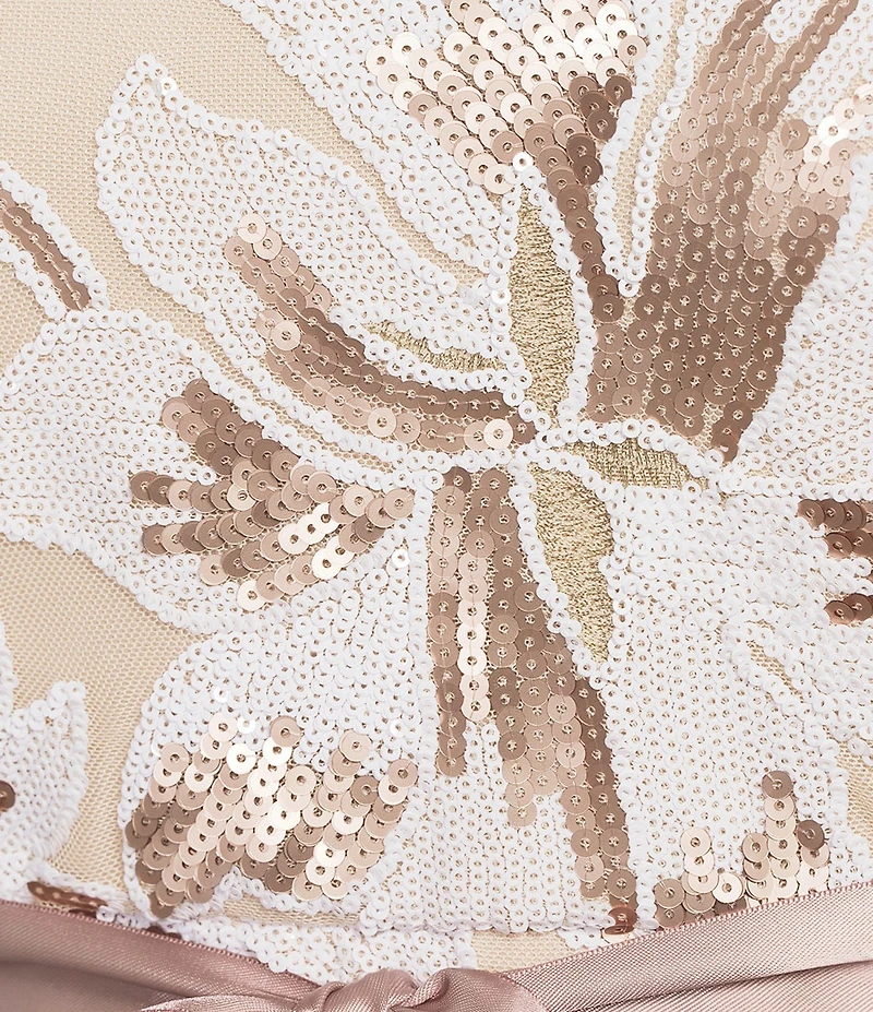 R & M Richards Plus Size Sequin Embroidered Satin Ribbon Belt Long Gown