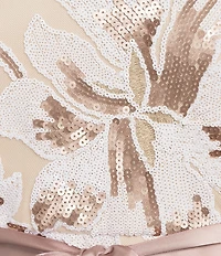 R & M Richards Plus Size Sequin Embroidered Satin Ribbon Belt Long Gown