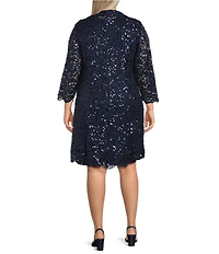 R & M Richards Plus Size Sequin Floral Scallop Lace Long Sleeve Jacket Dress