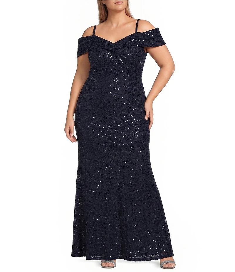 R & M Richards Plus Size Sequin Lace Off-The-Shoulder Portrait Collar Long Mermaid Dress