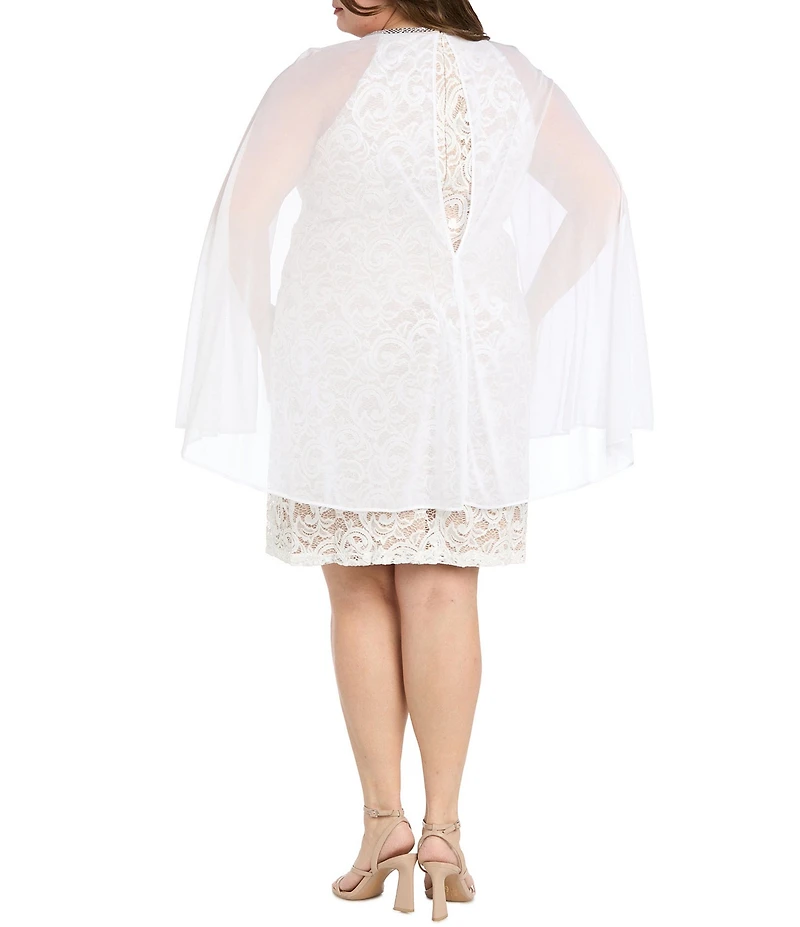 R & M Richards Plus Size Sequin Lace Rhinestone Crew Neck Trim Sheath Capelet Dress