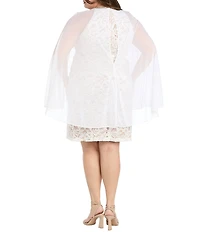 R & M Richards Plus Size Sequin Lace Rhinestone Crew Neck Trim Sheath Capelet Dress