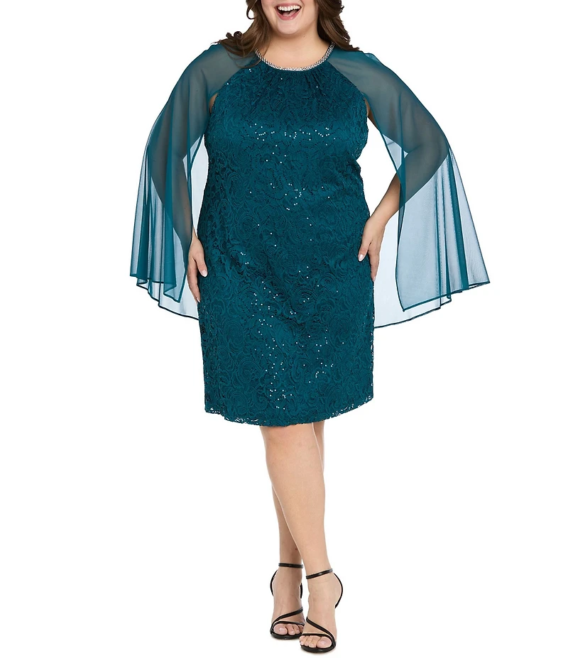 R & M Richards Plus Size Sequin Lace Rhinestone Crew Neck Trim Sheath Capelet Dress