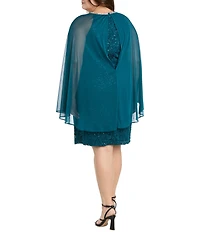 R & M Richards Plus Size Sequin Lace Rhinestone Crew Neck Trim Sheath Capelet Dress