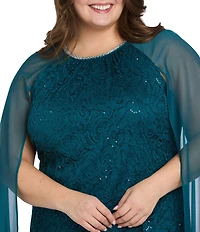 R & M Richards Plus Size Sequin Lace Rhinestone Crew Neck Trim Sheath Capelet Dress
