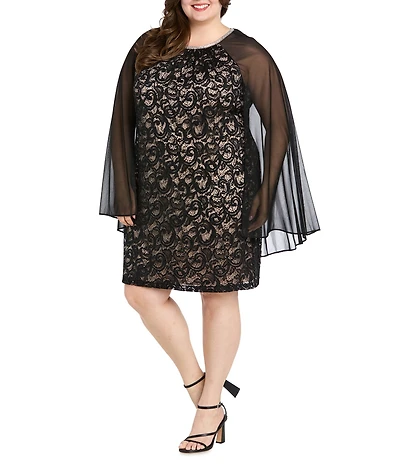 R & M Richards Plus Size Sequin Lace Rhinestone Crew Neck Trim Sheath Capelet Dress