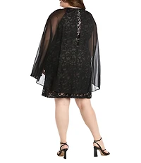 R & M Richards Plus Size Sequin Lace Rhinestone Crew Neck Trim Sheath Capelet Dress