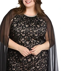 R & M Richards Plus Size Sequin Lace Rhinestone Crew Neck Trim Sheath Capelet Dress