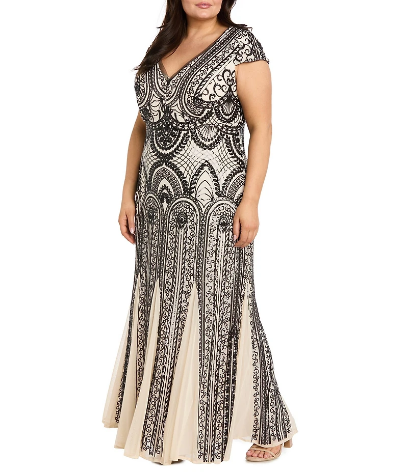 R & M Richards Plus Size Sequin Power Mesh V-Neck Cap Sleeve Godet Skirt Sheath Dress