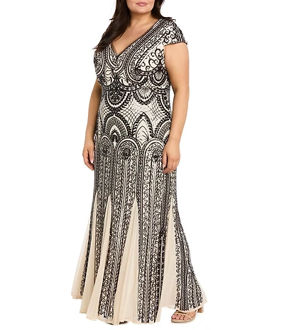 R & M Richards Plus Size Sequin Power Mesh V-Neck Cap Sleeve Godet Skirt Sheath Dress