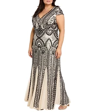 R & M Richards Plus Size Sequin Power Mesh V-Neck Cap Sleeve Godet Skirt Sheath Dress