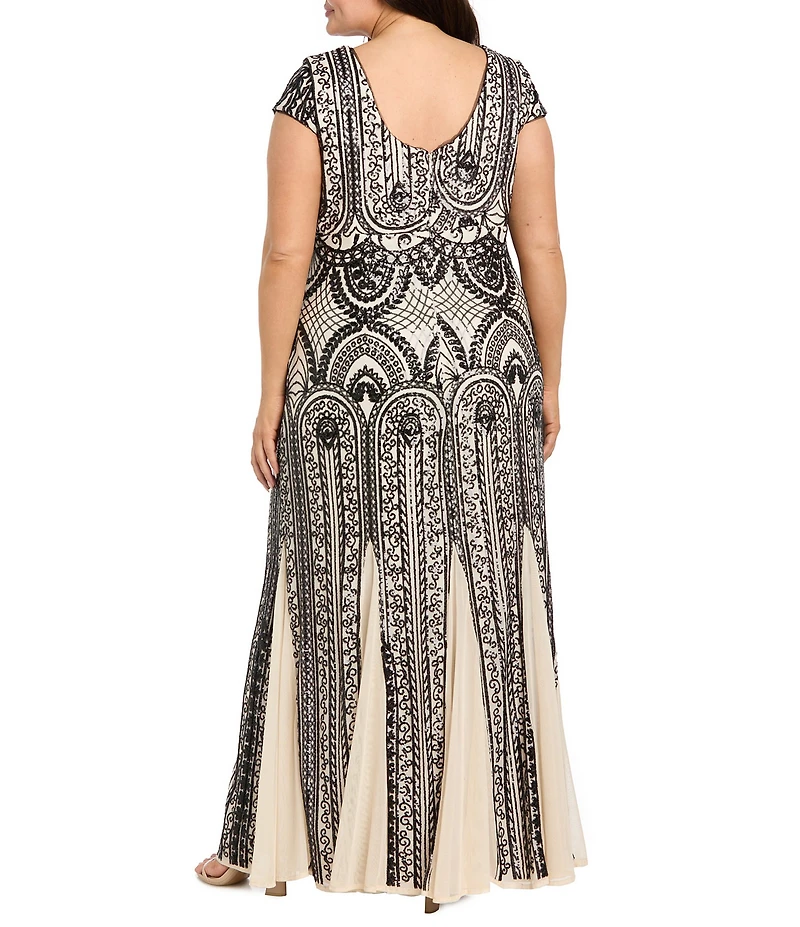 R & M Richards Plus Size Sequin Power Mesh V-Neck Cap Sleeve Godet Skirt Sheath Dress