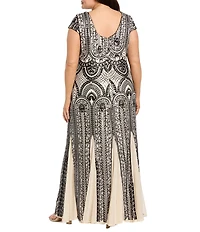 R & M Richards Plus Size Sequin Power Mesh V-Neck Cap Sleeve Godet Skirt Sheath Dress