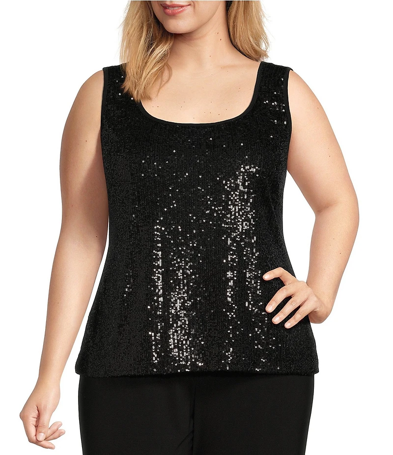 R & M Richards Plus Size Sequin Tuxedo Jacket and Tank 3-Piece Pant Suit