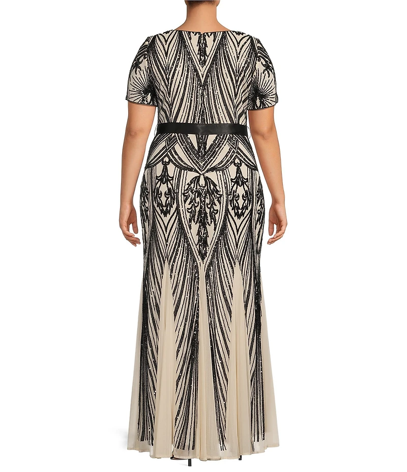 R & M Richards Plus Size Short Sleeve Sweetheart Neck Embellished Sequin Gown