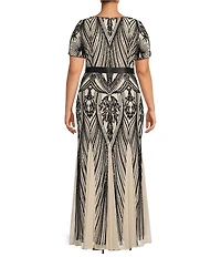 R & M Richards Plus Size Short Sleeve Sweetheart Neck Embellished Sequin Gown