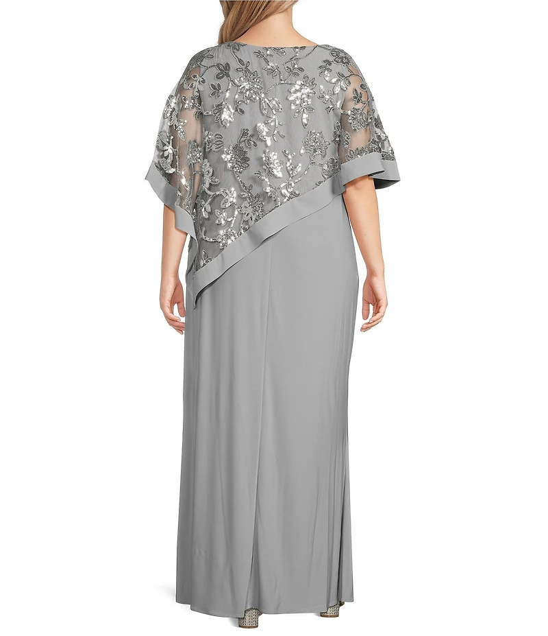 R & M Richards Plus Size Side Slit Sequin Lace Poncho Dress