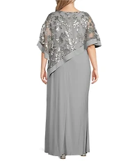 R & M Richards Plus Size Side Slit Sequin Lace Poncho Dress
