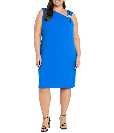 R & M Richards Plus Size Sleeveless Asymmetrical Neck Rhinestone Detail Knee Length Dress