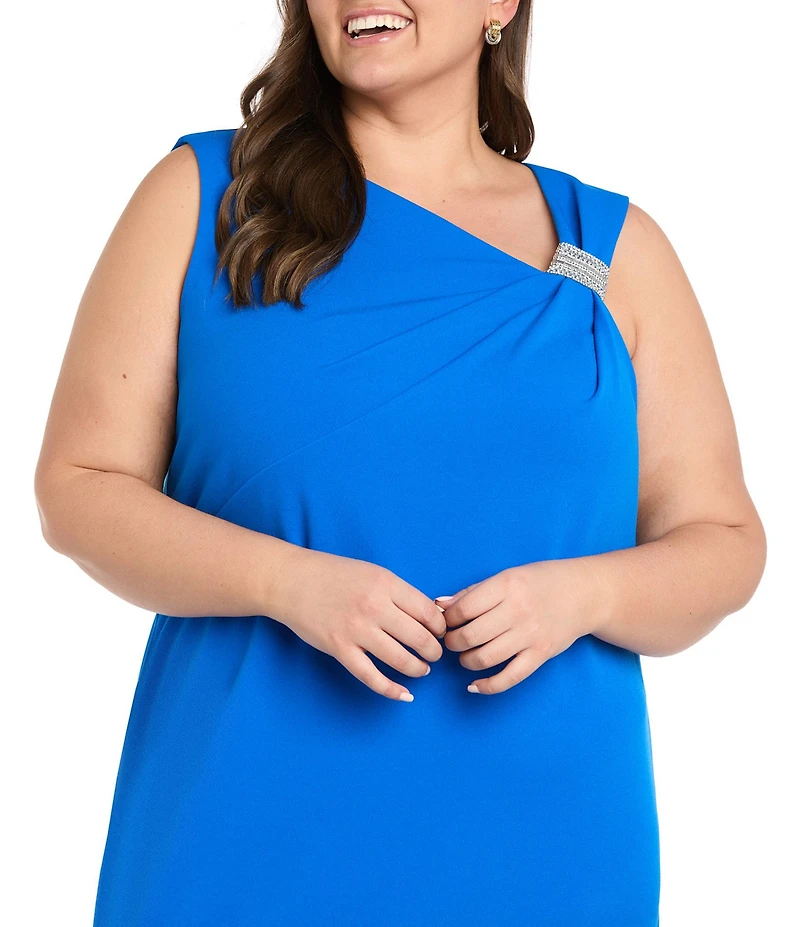 R & M Richards Plus Size Sleeveless Asymmetrical Neck Rhinestone Detail Knee Length Dress