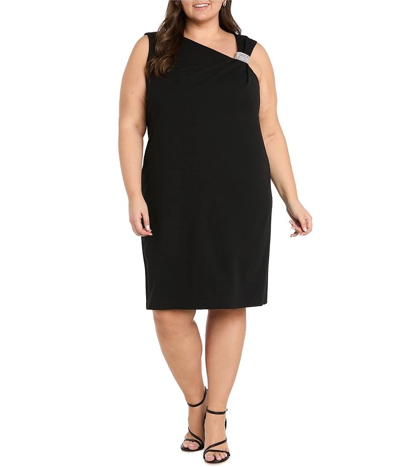 R & M Richards Plus Size Sleeveless Asymmetrical Neck Rhinestone Detail Knee Length Dress