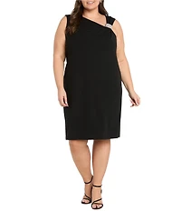 R & M Richards Plus Size Sleeveless Asymmetrical Neck Rhinestone Detail Knee Length Dress