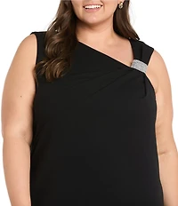 R & M Richards Plus Size Sleeveless Asymmetrical Neck Rhinestone Detail Knee Length Dress