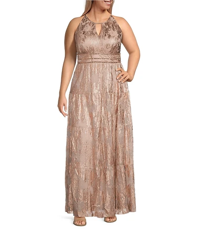 R & M Richards Plus Size Sleeveless Halter Neck Foil Printed Dress