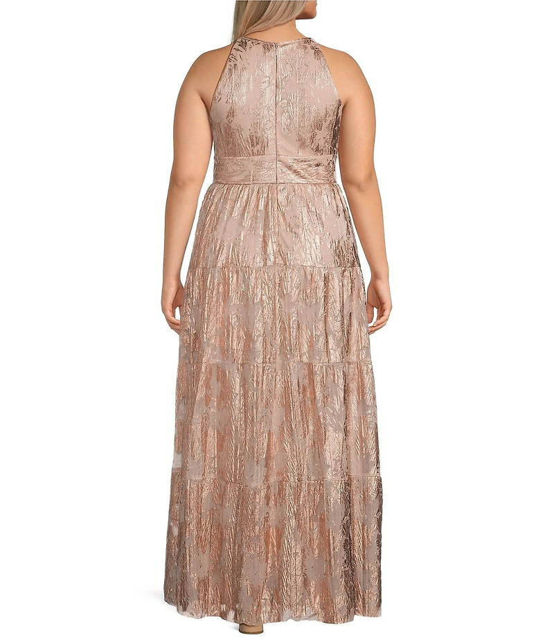 R & M Richards Plus Size Sleeveless Halter Neck Foil Printed Dress