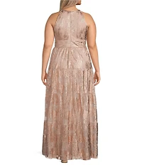 R & M Richards Plus Size Sleeveless Halter Neck Foil Printed Dress