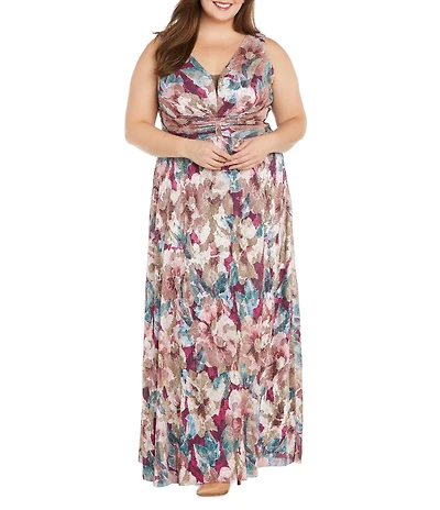 R & M Richards Plus Size Sleeveless V-Neck Ruched Waist Floral Print Gown