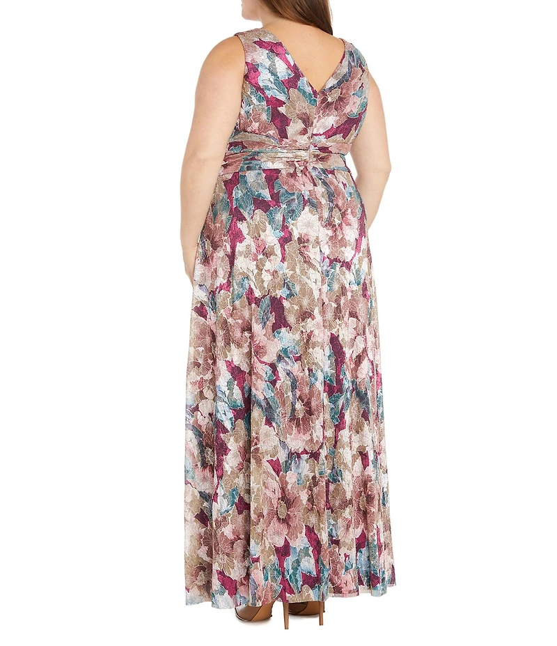 R & M Richards Plus Size Sleeveless V-Neck Ruched Waist Floral Print Gown