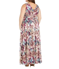 R & M Richards Plus Size Sleeveless V-Neck Ruched Waist Floral Print Gown