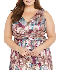 R & M Richards Plus Size Sleeveless V-Neck Ruched Waist Floral Print Gown