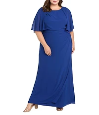 R & M Richards Plus Size Souffle Crepe Chiffon Crew Neck Short Sleeve Capelet Ruched Waist With Flower Detail Sheath Dress